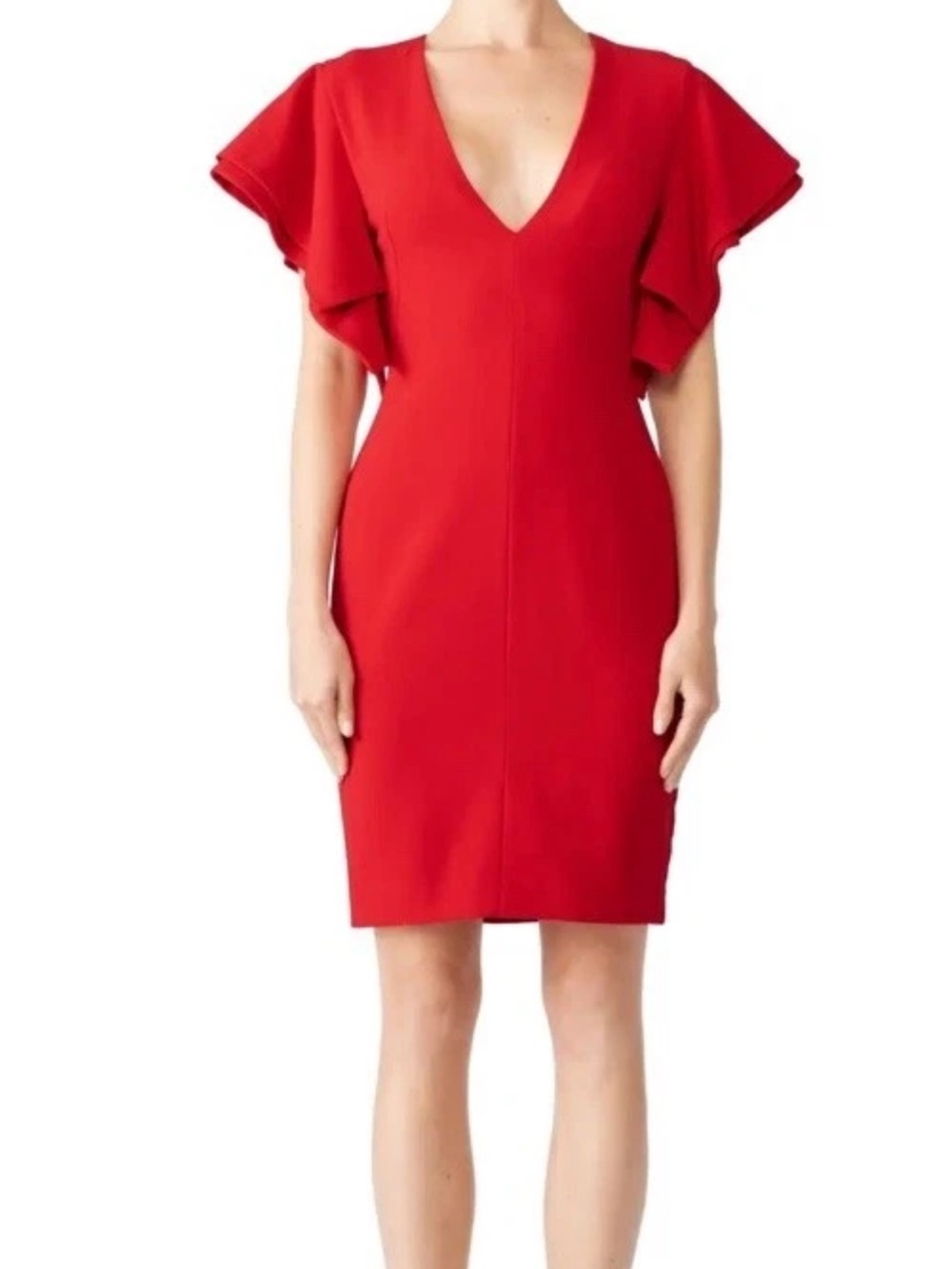 MSGM Red V-Neck Ruffle Sleeve Dress